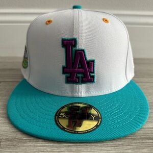 LA Los Angeles Dodgers Hat Club New Era Teal Lime 50th Anniv White Fitted 7 3/8